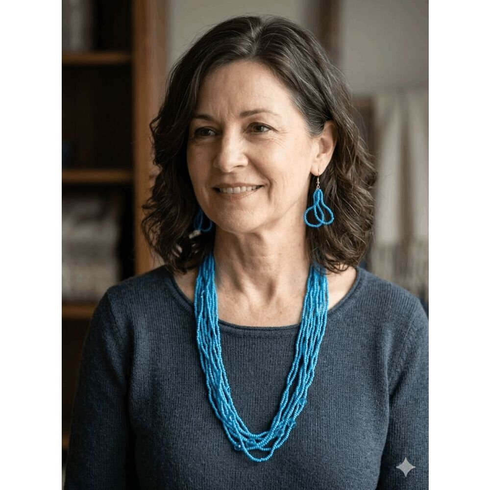 New AJ Vibrant Blue Multi Strand Seed Bead Necklace w Matching Earring Set